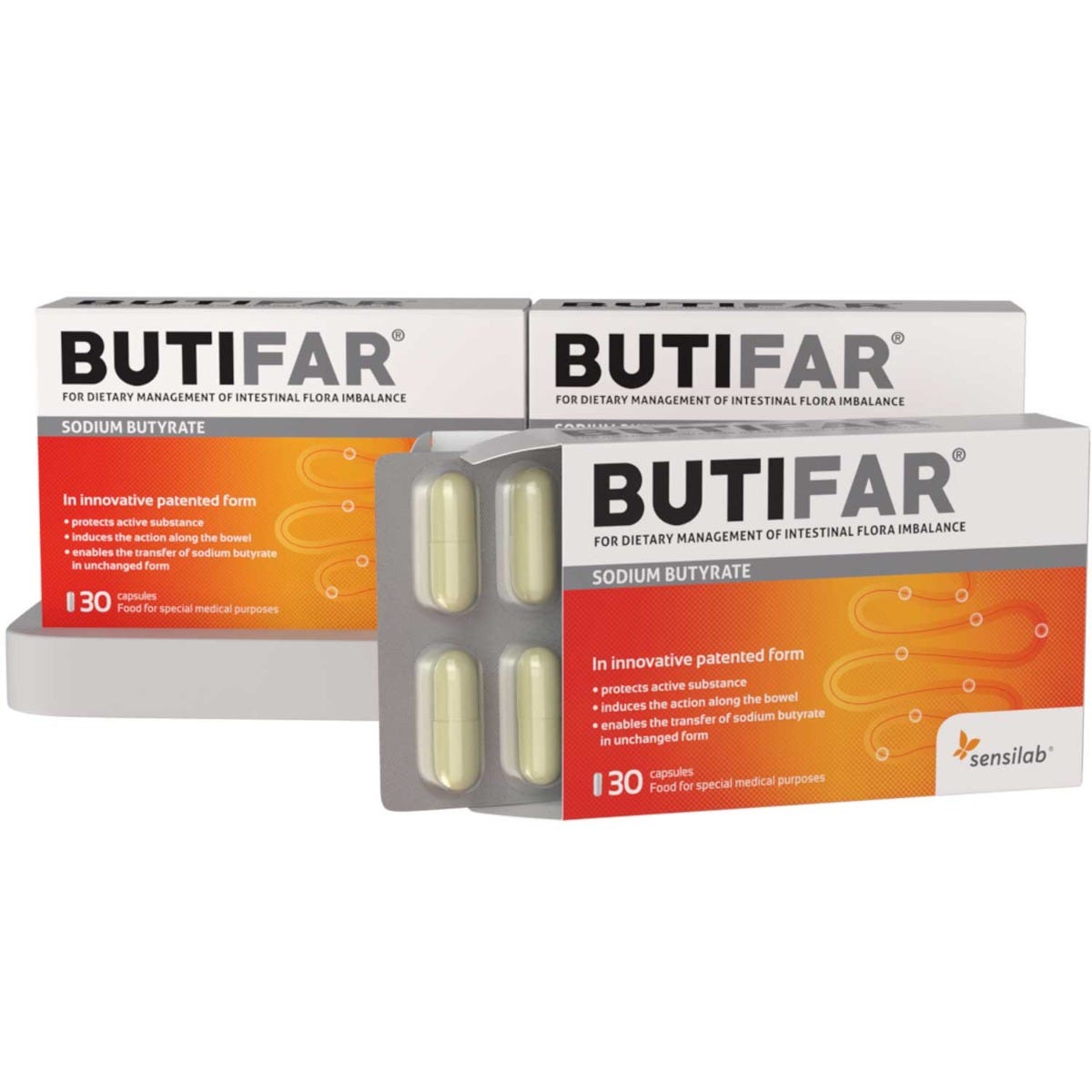 Butifar 1+2 GRATIS: para el estreñimiento y para poner en orden la digestión. Con el ácido butírico. 3x 30 cápsulas. Sensilab