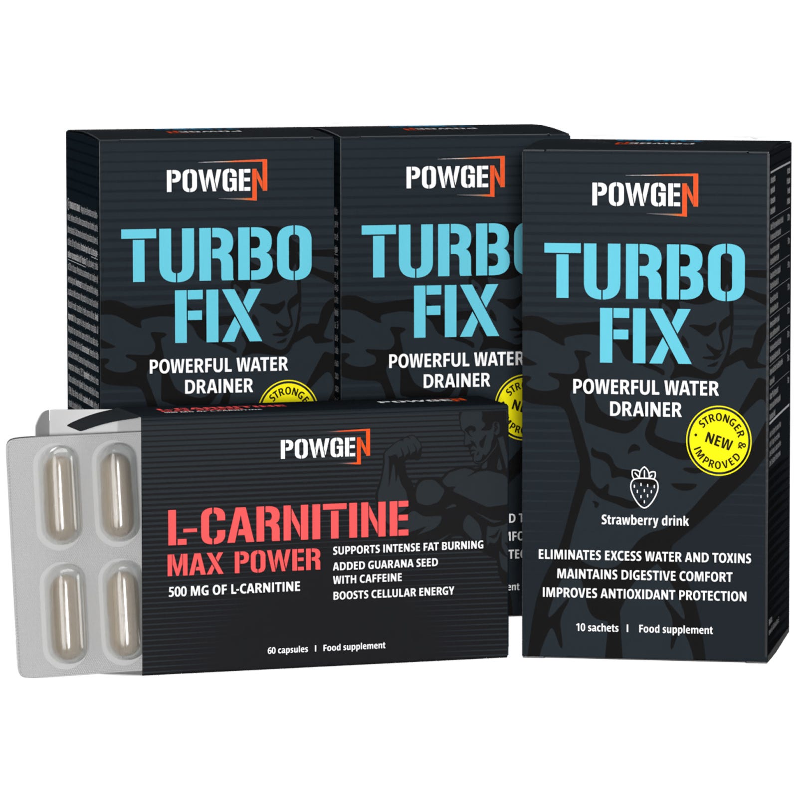 Mission: Definierter Körper - 3x TurboFix Entwässerungsgetränk und L-Carnitine 500 Max Power Kapseln (Carnipure) | 30-Tage-Programm | PowGen.