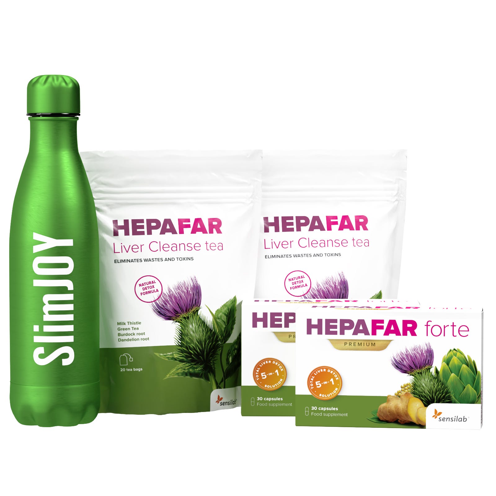Hepafar Lever Detox + GRATIS Termoflaske | 40 dages program til leverdetox | kapsler & te | Slip af med fedtlever med støtte fra Hepafar | Sensilab.
