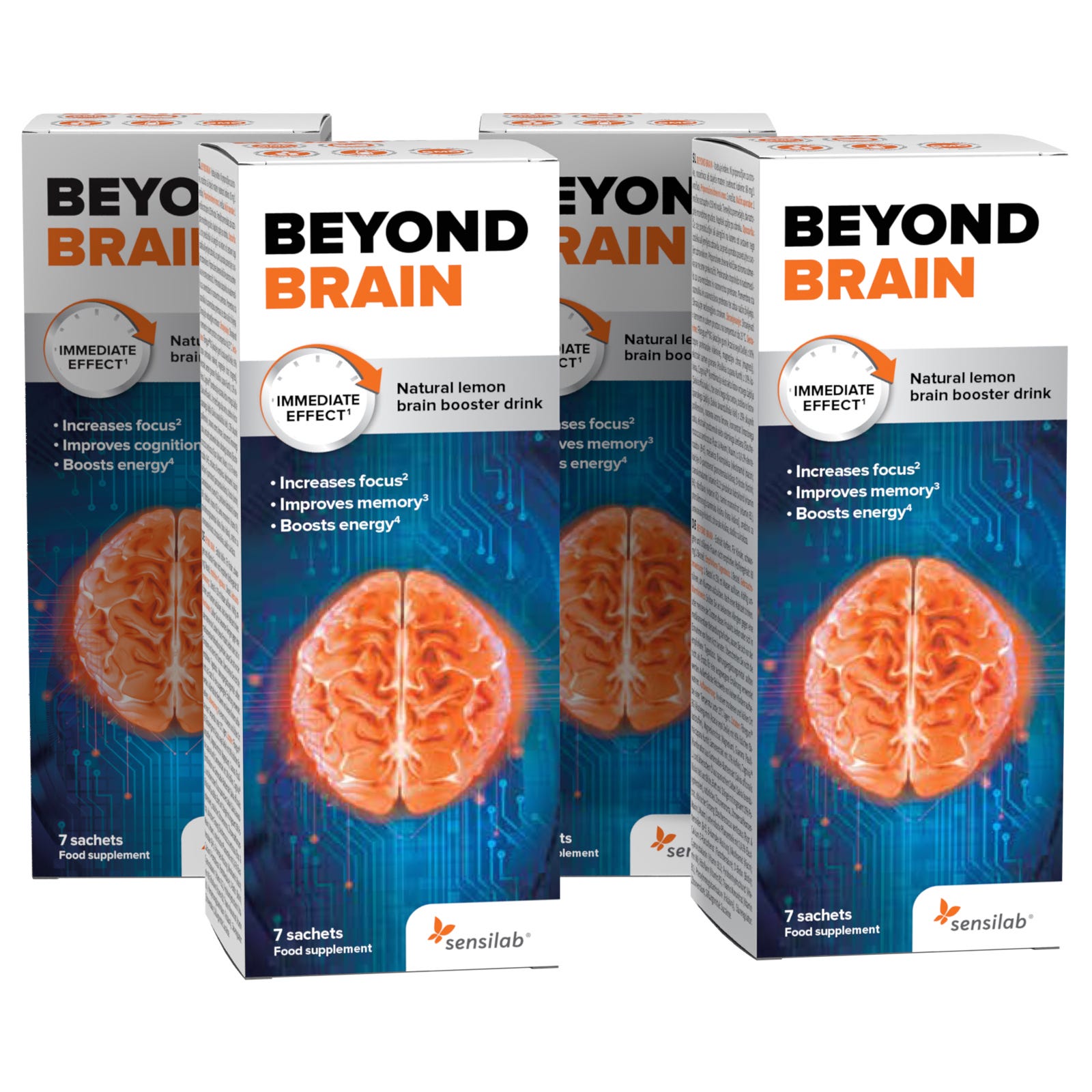 Beyond Brain Nootropic 4-Pack - Focus & Brain Boosting Formula - 6 hours of elevated alertness. Lemon Flavor. 28 sachets | Sensilab